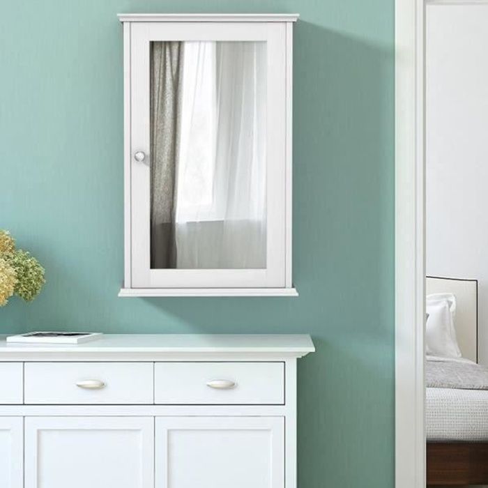 Meuble Mural Salle de Bain Armoire de Toilette avec Miroir et 1 Porte Blanche Armoire à Miroir