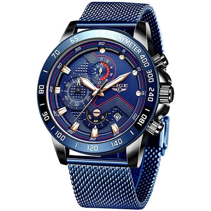 LIGE LG9929G-FD-UK Montre homme étanche analogique coloris bleu nuit - Chronomètre - Date - Bracelet Acier inoxydable