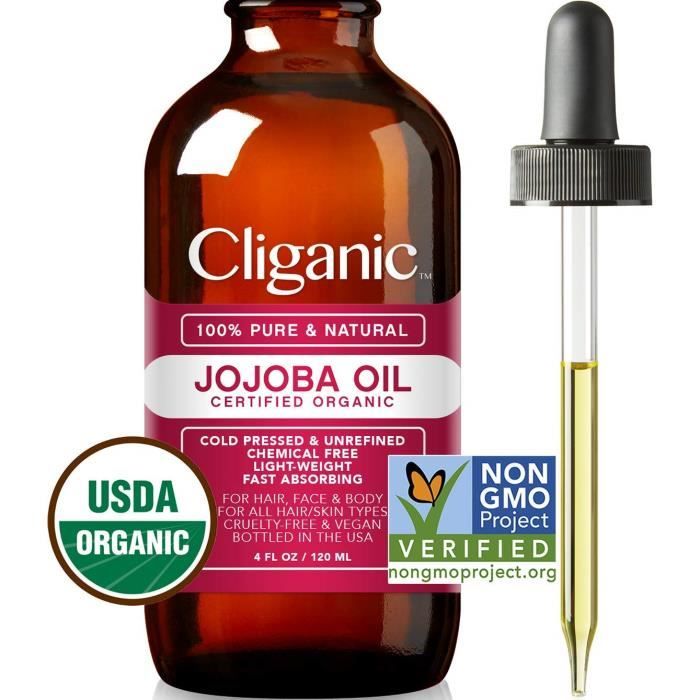 Cliganic Huile de jojoba bio 100% pur, 120ml - Huile pour cheveux & huile visage naturelle pres-sée à froid - Huile de base – cer