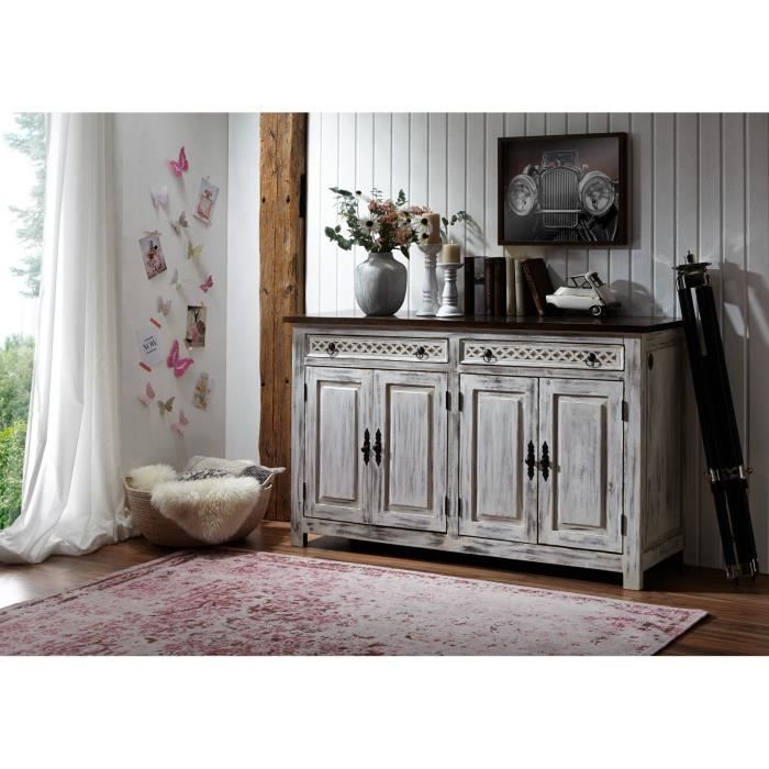 Buffet bahut - Bois massif de manguier ciré (Blanc antique) - Style Campagne Chic - CASTLE ANTIK #261