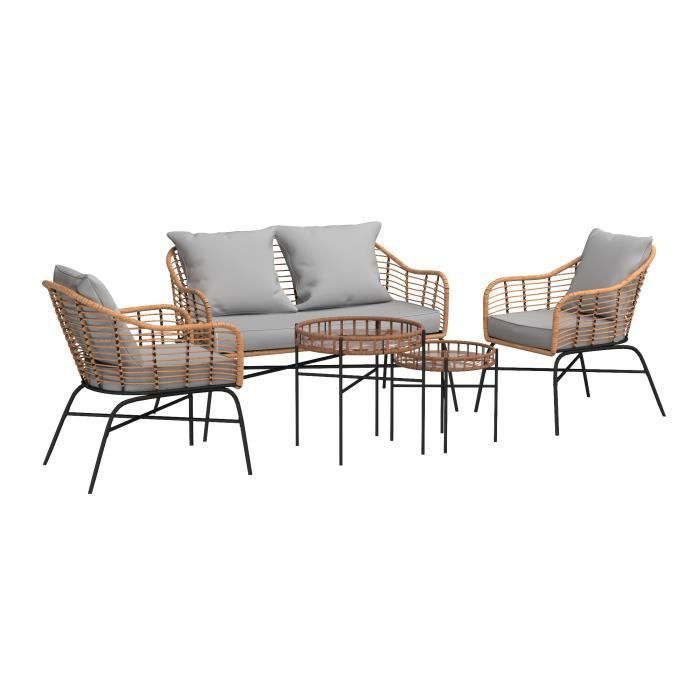 BEAU RIVAGE Salon de jardin MOOREA 4 places en acier et imitation rotin naturel tissu gris et sa housse de protection