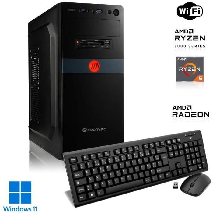 MEMORY PC de bureau - AMD Ryzen 5 PRO 5600G - Graphiques Radeon - 16Go RAM - 240Go & 2To HDD - Windows 11 Pro - WiFi - Clavier + sou