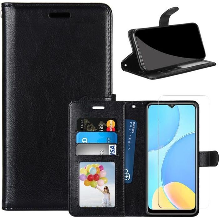 Coque pour Xiaomi Redmi Note 10 5G / Poco M3 Pro 5G avec Verre Trempé Etui Protection Flip Case en Cuir Housse Portefeuille Noir