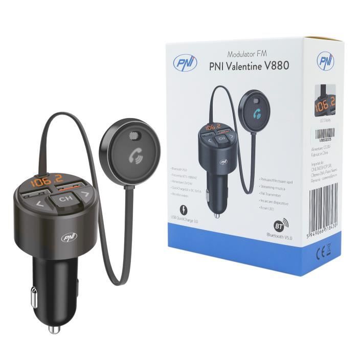 Modulateur FM PNI Valentine V880 avec Microphone, Bluetooth 5.0, Lecteur MP3, émetteur FM, Double Port USB