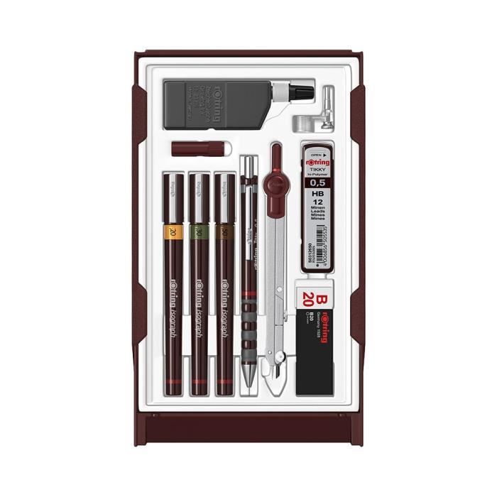 Rotring Set Master, 1 Tikky porte-mine 0,5 + 3 stylos isograph (0,2mm - 0,3mm - 0,5mm), 1 gomme B20, 1 étui 12 mines HB, 1 flacon d'