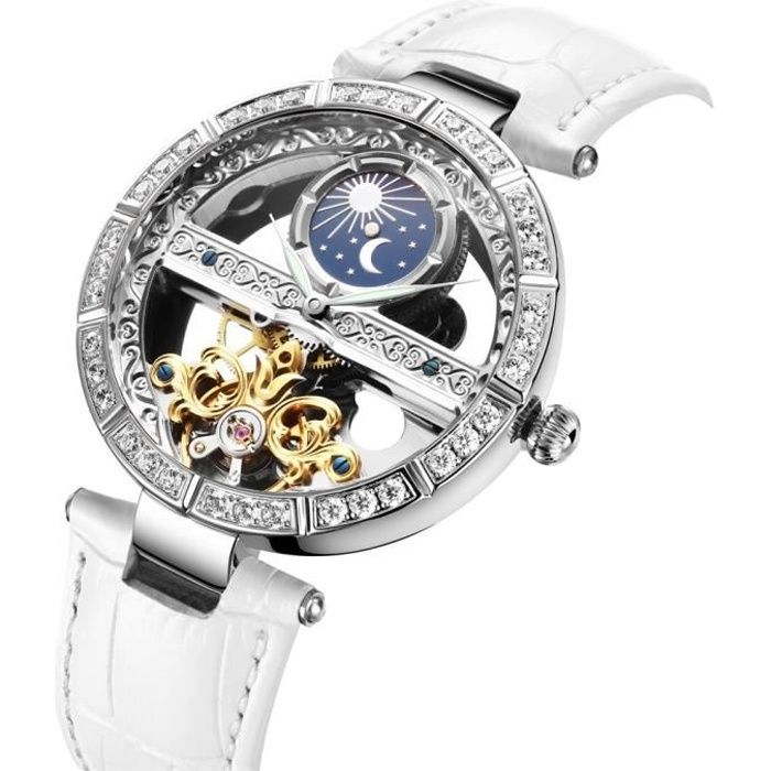 Montres Femmes Mécanique Automatique Bracelet en Cuir véritable Remontoir Évider Étanche Dames Afficher phase de lune et soleil