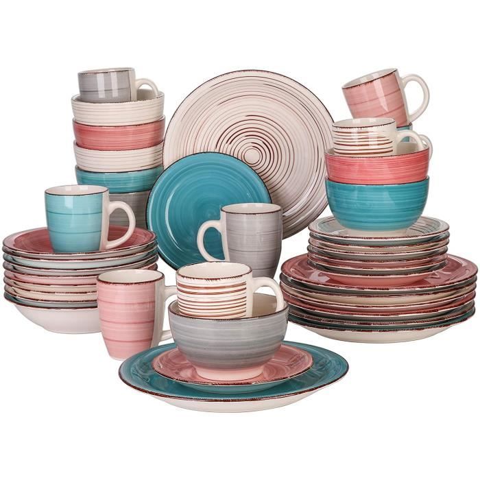 vancasso, Série Bella, Service de Table en Porcelaine,Faïence Style Vintage Rustique,Motif Cercle Arbre-multicolore -40pcs