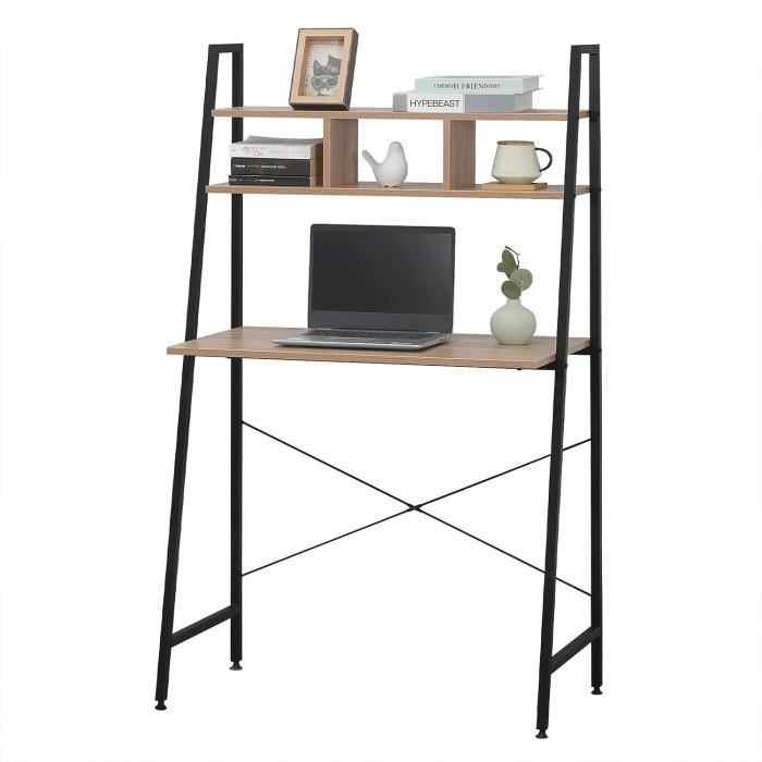 WOLTU Bureau d’ordinateur, table de bureau en bois et acier, Bureau informatique avec étagère,84x46x140cm, 12kg,Noir+chêne clair