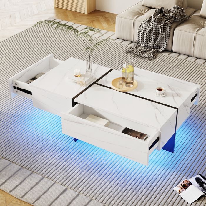Table basse salon avec LEDPlateau en Marbre3 tiroirs de RangementStyle moderne Scandinave 100x50x34.5cm Blanc