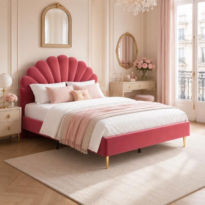 Lit fille 140 x 200 cm en velours bordeauxtête floralesommier à lattespour ados/adultessans matelas