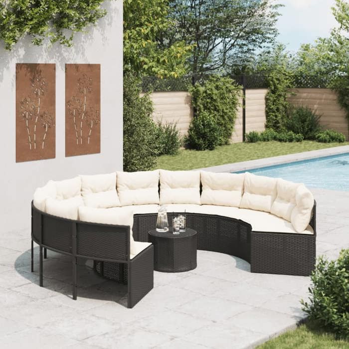 vidaXL Canapé de jardin avec table coussins rond noir résine tressée canapé d’extérieur canapé de forme ronde canapé de 3318544