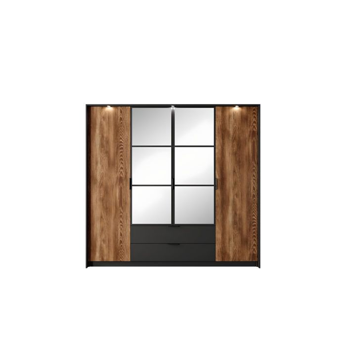 Armoire Chambre penderie et étagères 4 portes 2 tiroirs miroir 220cm Chêne et Noir - LONDON