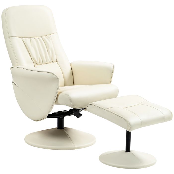 HOMCOM Fauteuil de Salon avec Pouf Repose Pieds Revêtement en PU Fauteuil Relax Inclinable jusqu'à 145° avec Réglage Crème
