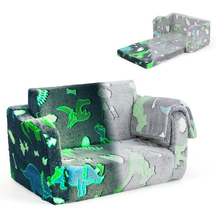 DREAMADE Canapé avec Couverture Enfants Canapé Pliable 2 en 1 Convertible Brille dans le Noir Fauteuil Confortable Gris