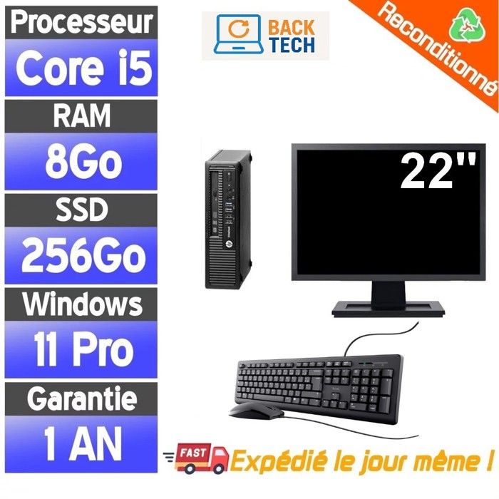 HP EliteDesk 800 G1 USDT - Mini PC Core i5 8Go SSD 256Go Windows 11 Pro + Moniteur 22 pouces - PC doccasion