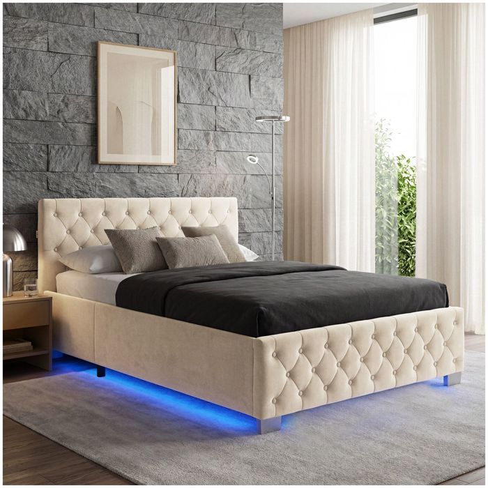Lit - TECTAKE - Lit coffre VENISE en bois à laspect velours capitonné avec bandes LED sommier inclus 140 x 200 cm - Sable