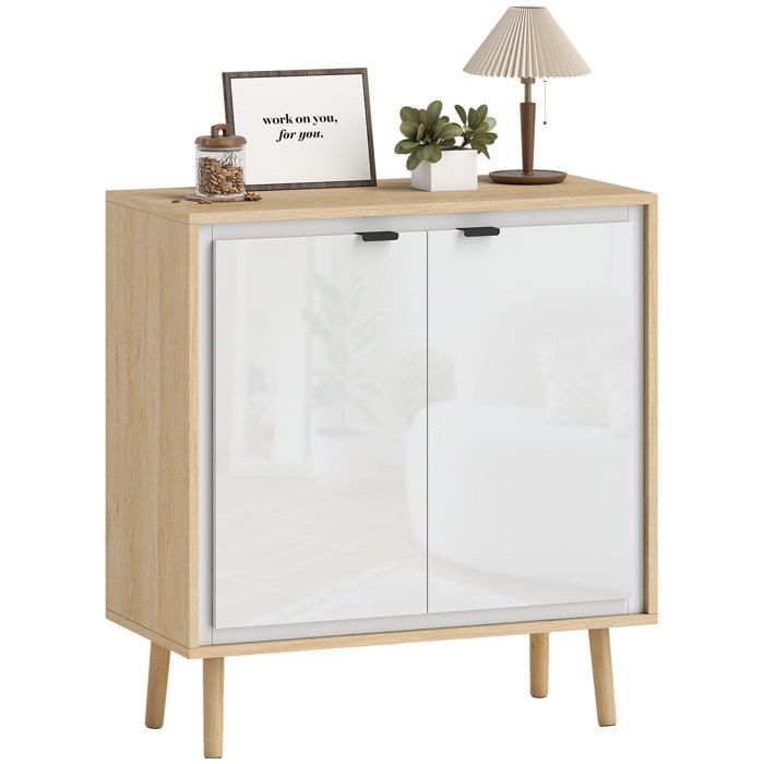 Buffet - HOMCOM - haute brillance - double porte étagère réglable - panneau de particules et MDF - 72 x 35 x 77 cm - blanc et chêne