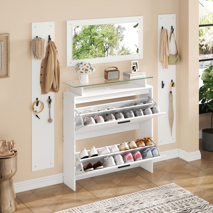 Ensemble vestiaire dentrée - 2 porte-manteaux et 1 meuble à chaussures - Avec miroir et 8 patères - Blanc