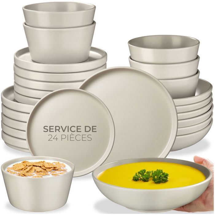 Service de vaisselle - TECTAKE - Service de vaisselle UNA en grès composé de 24 pièces pour 6 personnes style urbain - Taupe