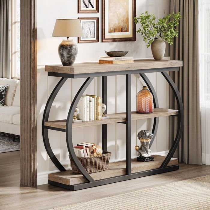 Finmind Console Table - Meuble dentrée - 3 Niveaux - 105 x 30 x 80 cm - Table dentrée en Bois - Style Industriel - Gris