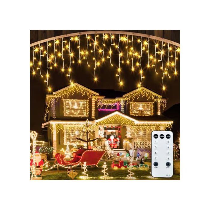 Guirlande Lumineuse Solaire Cascade Noël 198 LEDs – 9 Branches 2M + Étoile, 8 Modes, Télécommande, IP65 Étanche Pour Sapin Intérieur Extérieur
