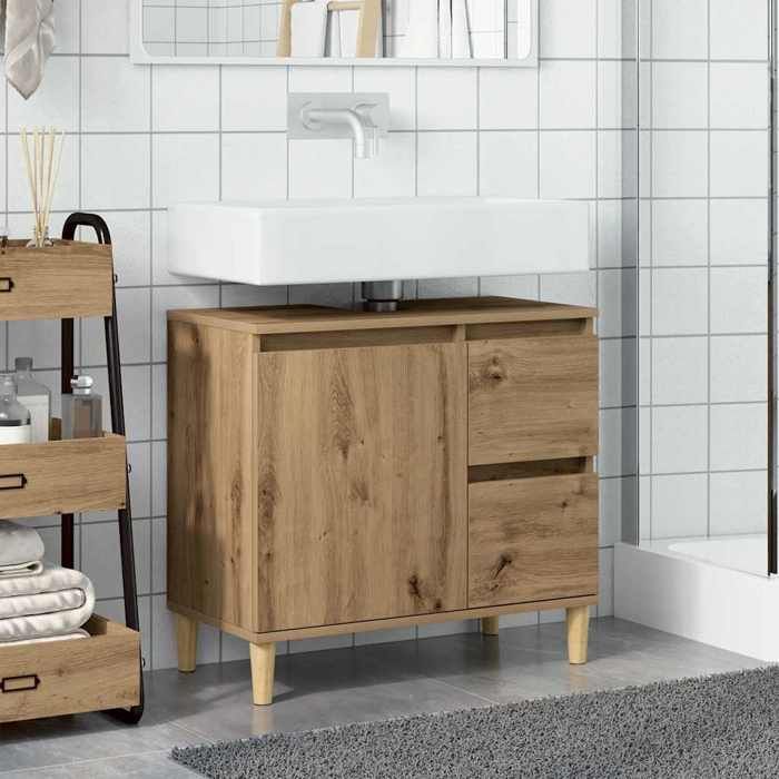 Armoire lavabo chêne artisanal - vidaXL - 65x33x60 cm - Bois dingénierie - 2 tiroirs - Compartiment avec porte