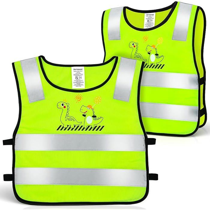 2 Pièces Gilet Jaune Enfant à Motif Dinosaure Gilet Fluo Enfant，Haute Visibilité à 360° Apto Para Niños y Multi GILET DE SECURITE