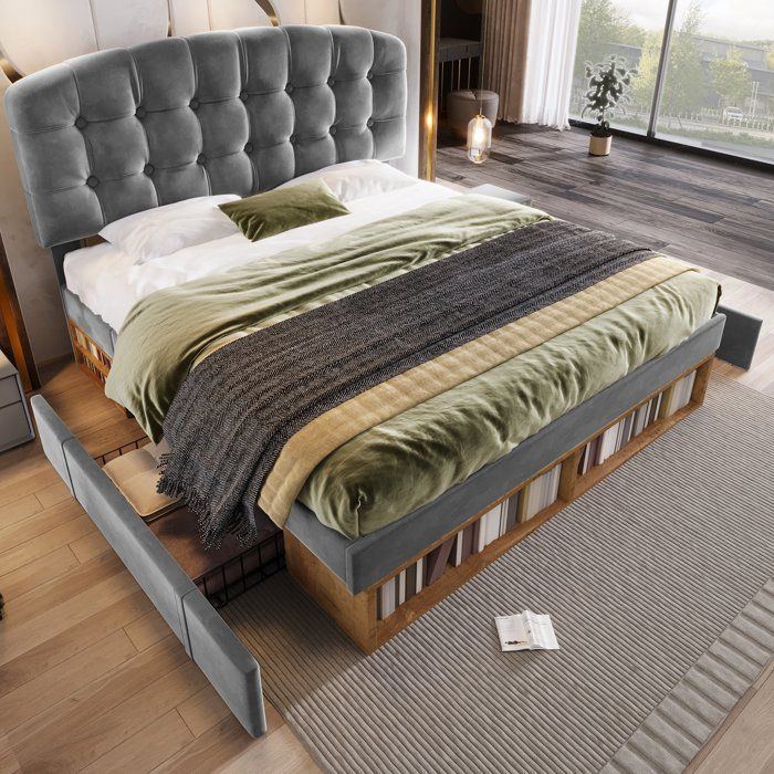Lit double 140x200 - GENERIQUE - Tête incurvée 3 hauteurs - Velours gris - Sommier bois inclus - Tiroirs