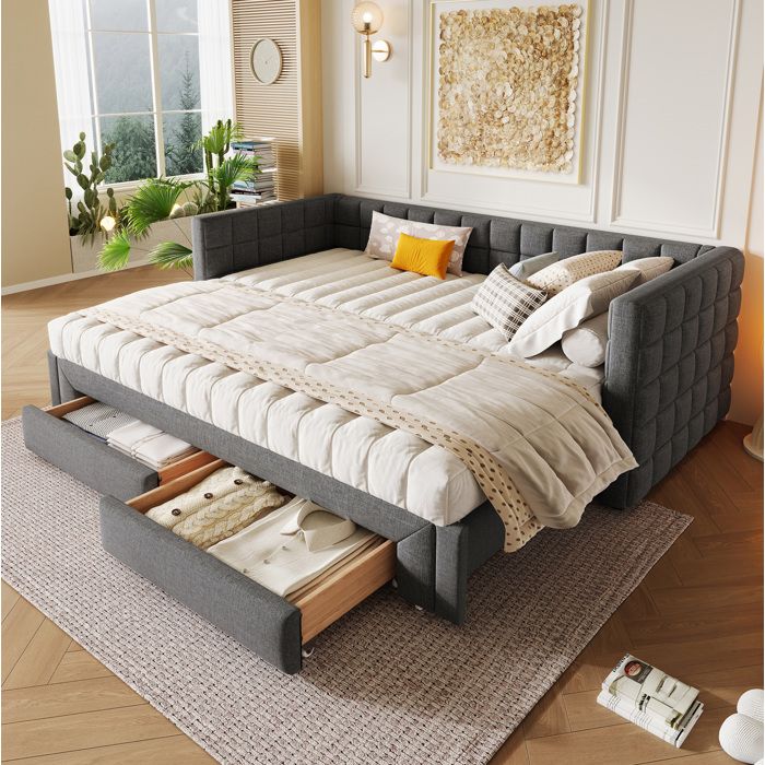 Lit banquette 90 x 200 cm. rembourré avec 2 tiroirs. lit gigogne (extensible en lit 180 cm) sans matelas. velours. gris
