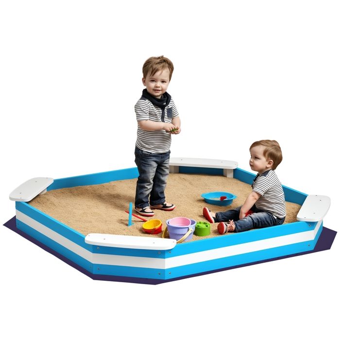GOPLUS Bac a Sable Enfant Exterieur, Bac a Sable en Bois de Sapin avec Couvercle, 2 Bancs Pliants, et Revêtement de Fond, Charge120KG, pour Jardin Plage Arrière-Cour