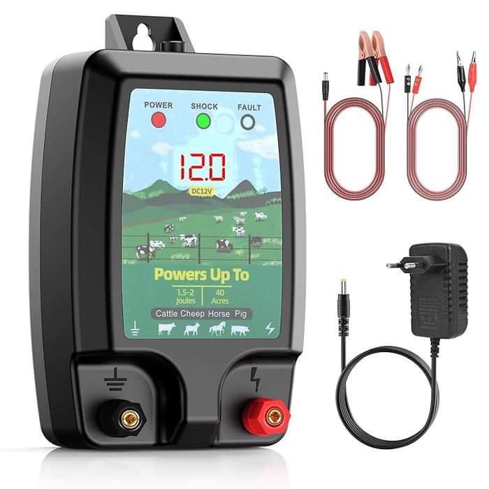 Clôture Électrique 15 Km – Électrificateur 2 Joules Puissant – Pour Bovins, Chevaux, Porcs, Chèvres – Étanche Avec Écran LCD – Orange