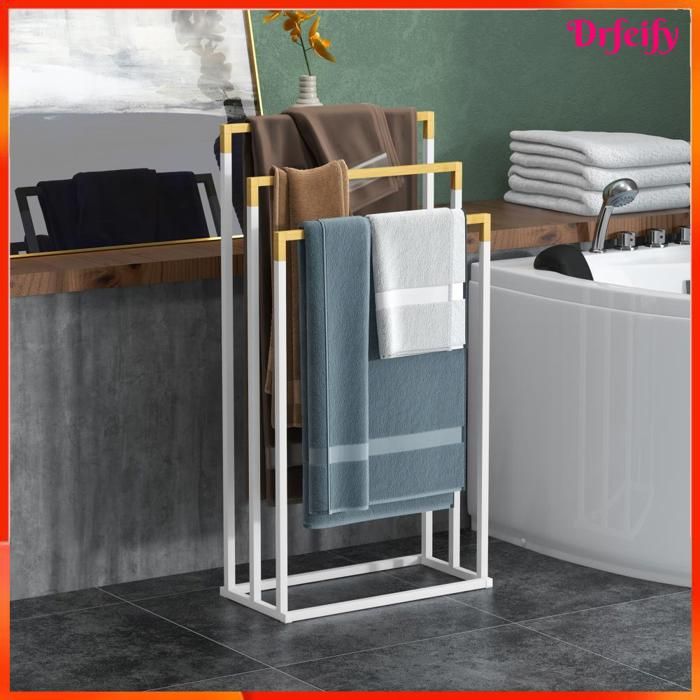 Porte-serviettes sur pieds - AKOZON - 9475 - 3 barres - Bambou et métal - Blanc/naturel