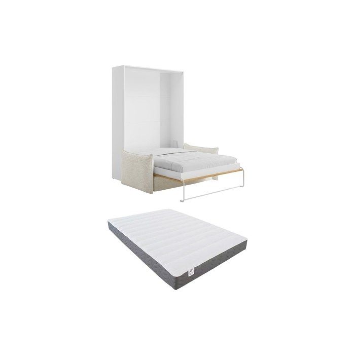 Lit escamotable 140 x 200 cm - Ouverture verticale manuelle - Coloris : Naturel et blanc + Matelas + Canapé en tissu bouclette beige