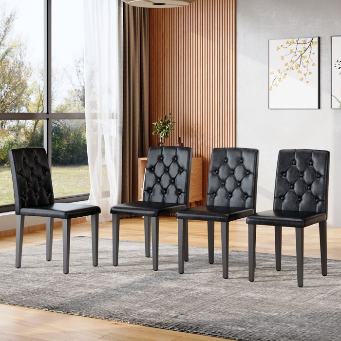 Chaises de salle à manger - Ensemble de 4 - Noir - Métal - Cuir PU - 42x46x89 cm - Capitonnage en losange