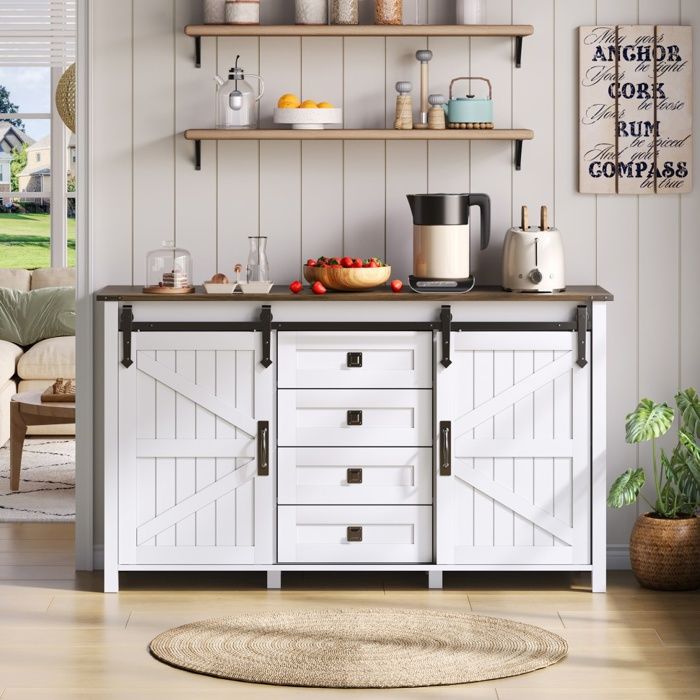 Buffet Bahut de Salon Cuisine - 137x40x81.5 cm - 2 Portes Coulissantes 4 Tiroirs Style Rustique Vintage - Bois MDF Blanc