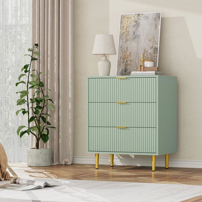 Commode 3 tiroirs - LUNSY - 60x395x75 cm - Vert olive - Façade ondulée - Poignées dorées - Pieds dorés