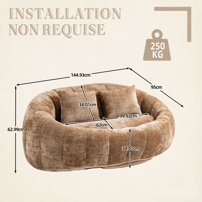 Canapé 2 places en Chenille Pouf poire 145x95x63cm pour salon et chambre avec 2 coussins Marron