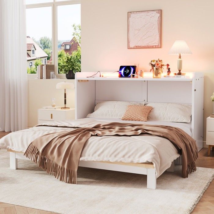 Lit Double escamotable convertible blanc 140x200cm plateau laqué tiroirs rangement LED USB prise électrique Sans Matelas