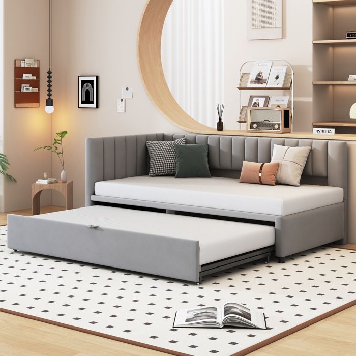 Canapé-lit - KOMHTOM - Canapé lit L 90/180x200 cm moderne - Velours - Lit gigogne - Gris foncé