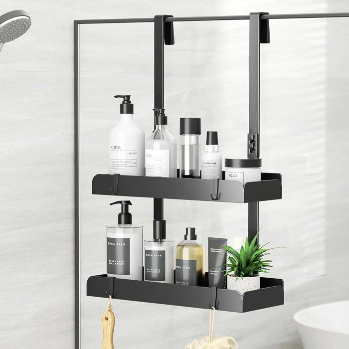 Étagère de douche à suspendre-2 étages-555 cm-Sans perçage-En acier inoxydable-Avec crochets-Organiseur de salle de bain - Noir