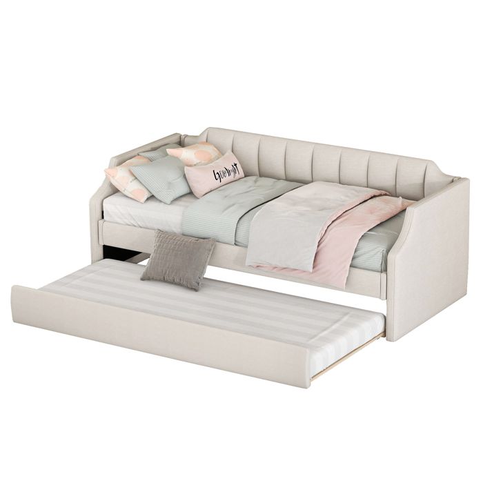 Lit une place beige 90 x 200(190) cm matelassé avec lit superposé mobile intégré