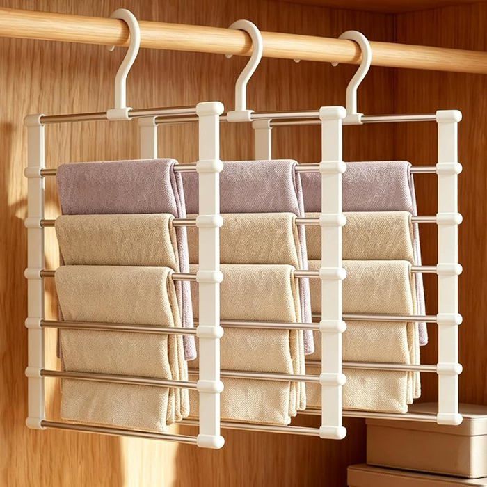 Lot de 3 Cintre Pantalon Gain de Place 6 en 1 Blanc Cintres Porte-Pantalons Antidérapant en Acier Inoxy PORTE-CINTRE POUR DRESSING