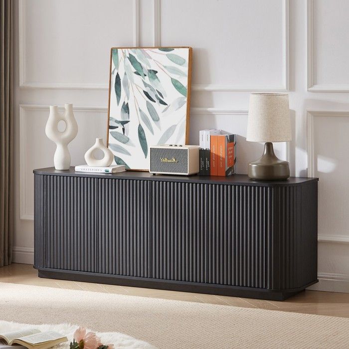 Buffet de rangement - PAGE Living Vague - surface à motif vagues - 4 portes - Noir MDF