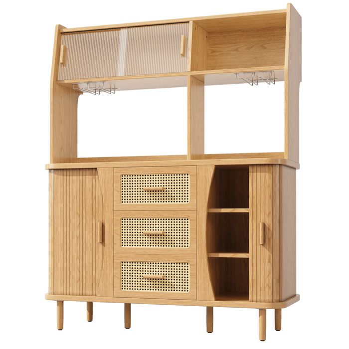 Buffet de cuisine – Portes vitrées coulissantes – 3 tiroirs effet rotin – 140 x 405 x 1745 cm