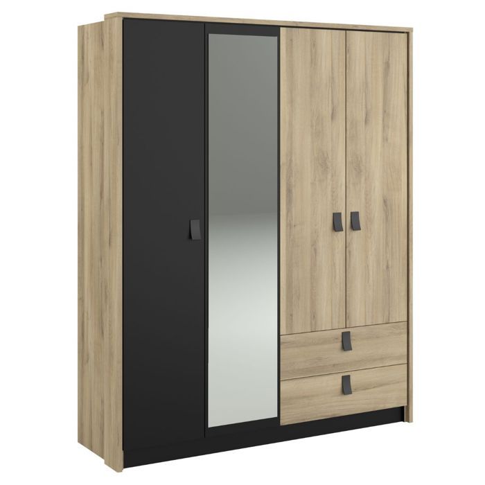 Armoire 4 portes avec 1 miroir et 2 tiroirs aspect bois et noir - ELOUAN Armoire 4 portes avec 1 miroir et 2 tiroirs aspect bois et noir - ELOUAN