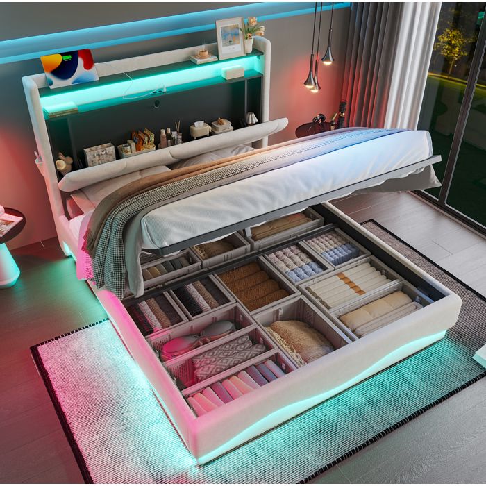 Modenuit sommier coffre 140x200 cm en velours beige avec LED étagère de tête de lit USB et Type-C
