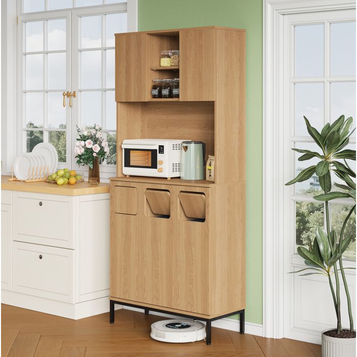 WUVRIE Armoire de cuisine haute 80 x 35 x 181 cm tri des dechets 3 compartiments niche micro-ondes aspect chene