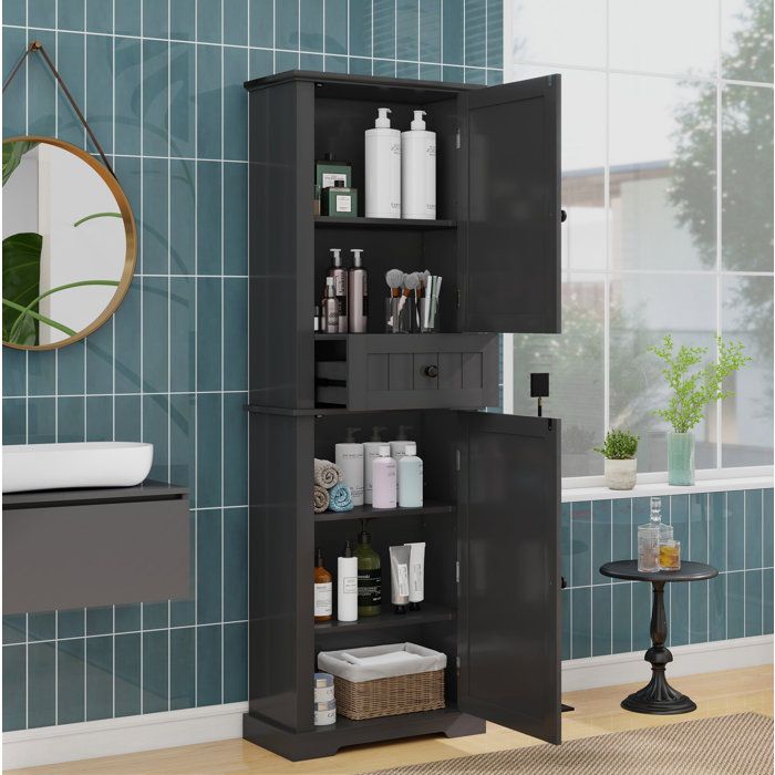 WOVREO Colonne de salle de bain 56 x 28 x 167 3 cm 2 portes 1 tiroir étagères réglables MDF noir laqué