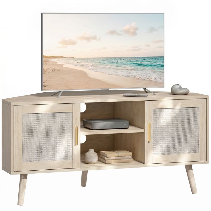Meuble TV dangle - HOMCOM - 2 portes en rotin et 2 compartiments ouverts – style bohème - bois - 115 x 54 2 x 56 2 cm - chêne Meuble TV dangle - HOMCOM - 2 portes en rotin et 2 compartiments ouverts – style bohème - bois - 115 x 54 2 x 56 2 cm - chêne