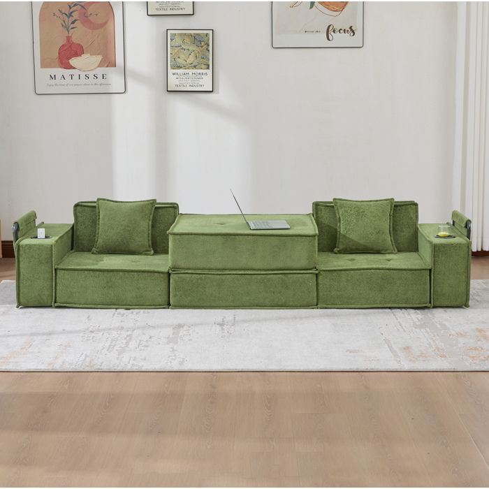 Canapé Convertible 2 Places Modulable avec Pouf Poches Latérales Porte-gobelets en Chenille Vert 162 × 78 × 66 cm